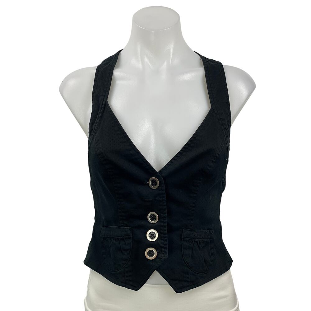 Guess Jean Women's Black Sleeveless Racerback V Neck Button Up Vest Crop Top S